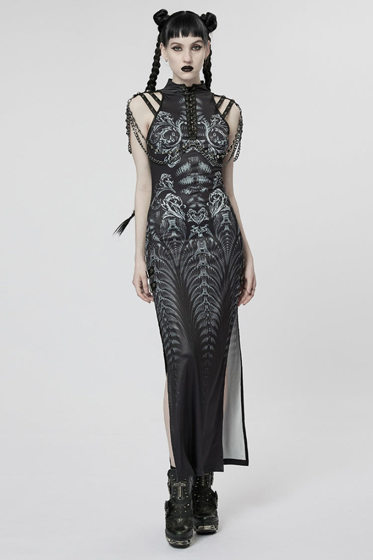 Black Printed Lace-Up Side Slit Gothic Gown with Chain
