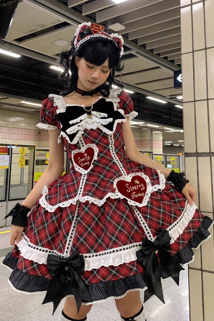 Crimson Shibuya Sweetheart Tartan Print Short Sleeve Frill Bow Sweet Lolita OP Plus Size