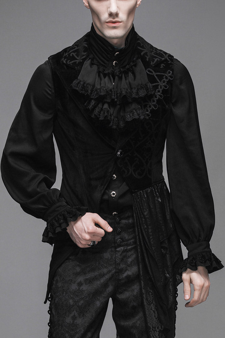 Noir Velvet Gothic Vest with Frog Buttons and Floral Motif