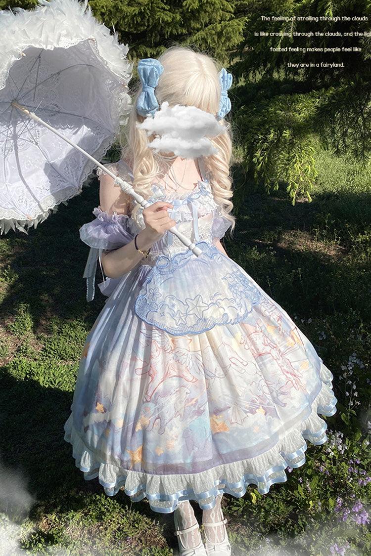 Cloud Walk Print Ruffled Bow Lace Sweet Lolita Jumper Dress Complete Set