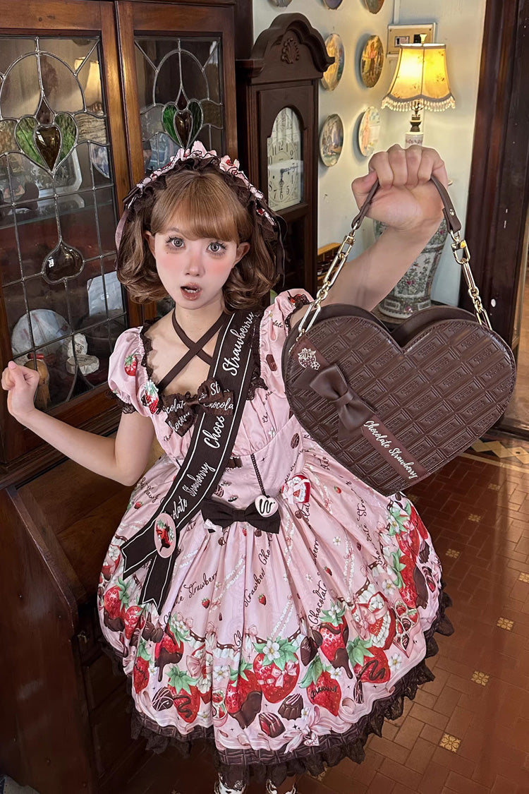 Square Collar Short Sleeves Printed Ruffled Bow Lace Sweet Lolita Dress - Strawberry Chocolate Lover