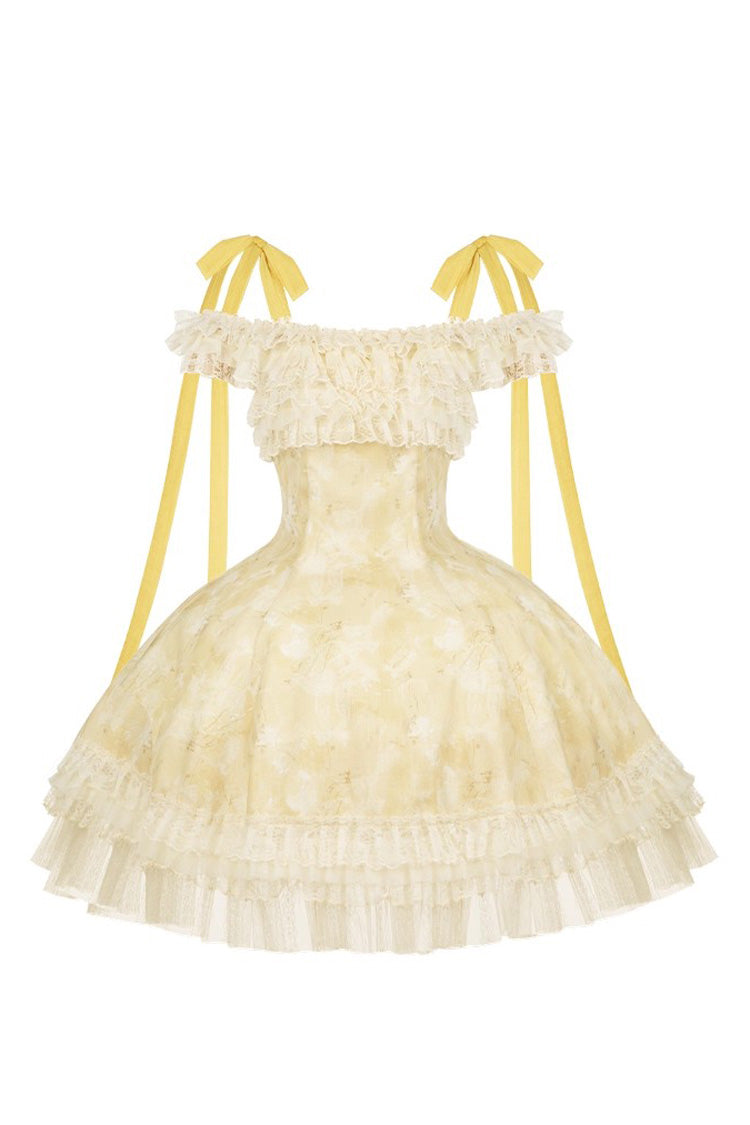 Golden Square Collar Flutter Sleeve Printed Ruffle Lace Sweet Elegant Short Dress - Falling Flowers as a Message