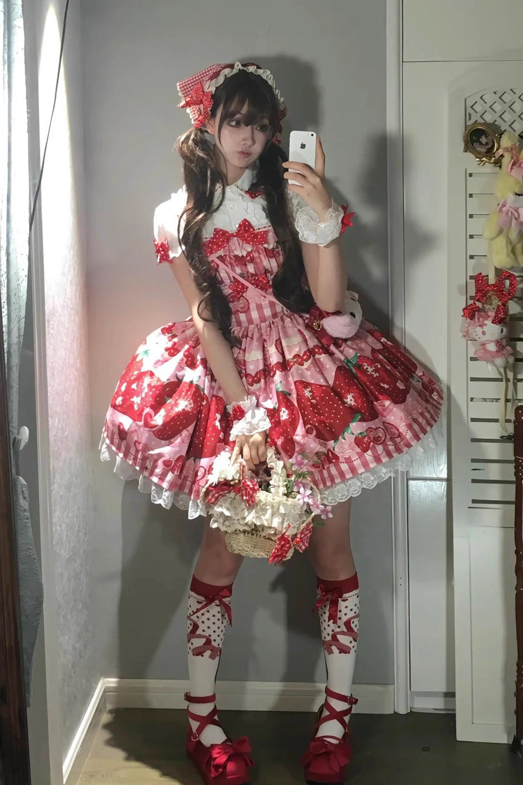 Dream to Strawberry Printed Ruffle Bow Lace Sweet Lolita JSK Dress in Four Shades