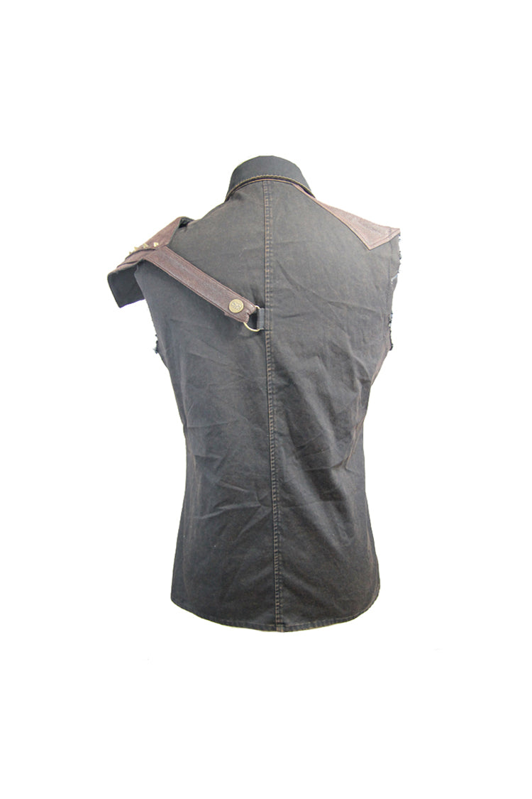 Sleeveless Punk Shirt with Armor Shoulder and Hasp