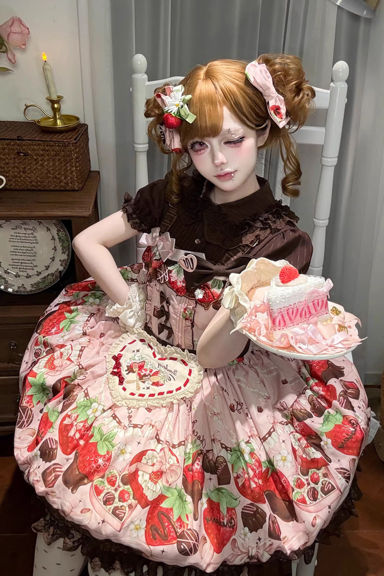 Rose Sleeveless Embroidered Bow Lace Lolita Strap Dress - Strawberry Chocolate Lover