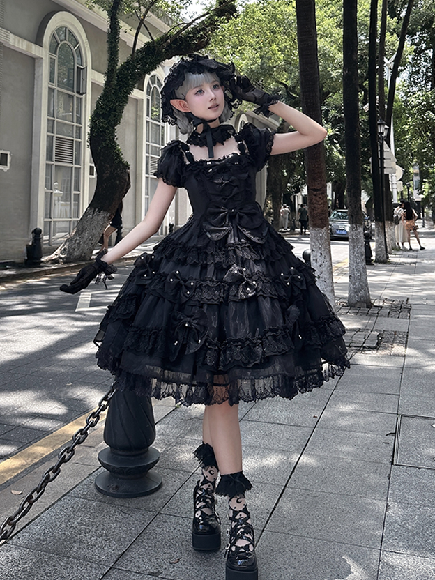 All Black Bow Accents and Bead Details Princess Lolita Dress with Big Bow at Back – MK Kawaii Store