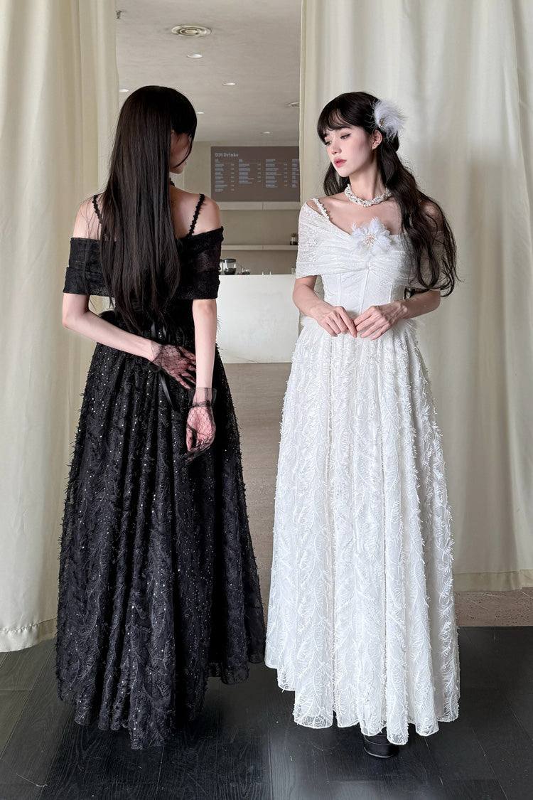 Off Shoulder Jacquard Embroidered Bow Gothic Lolita Jsk Dress - Swan