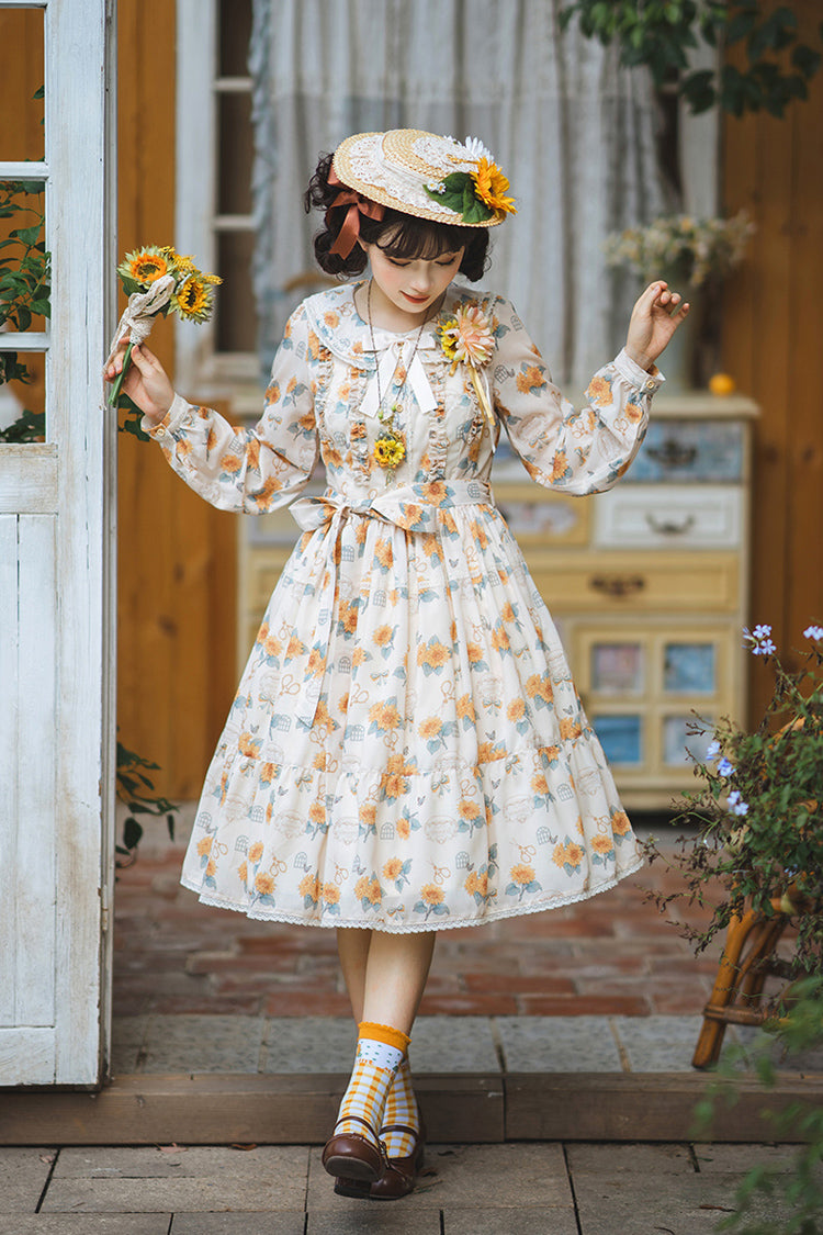 Apricot Sunflower Long Sleeve Floral Bow Elegant Lolita Dress