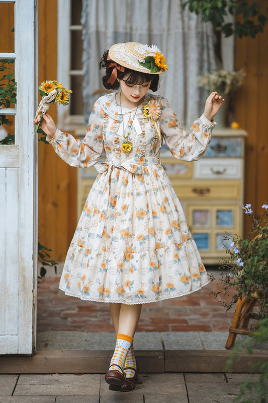 Apricot Sunflower Long Sleeve Floral Bow Elegant Lolita Dress