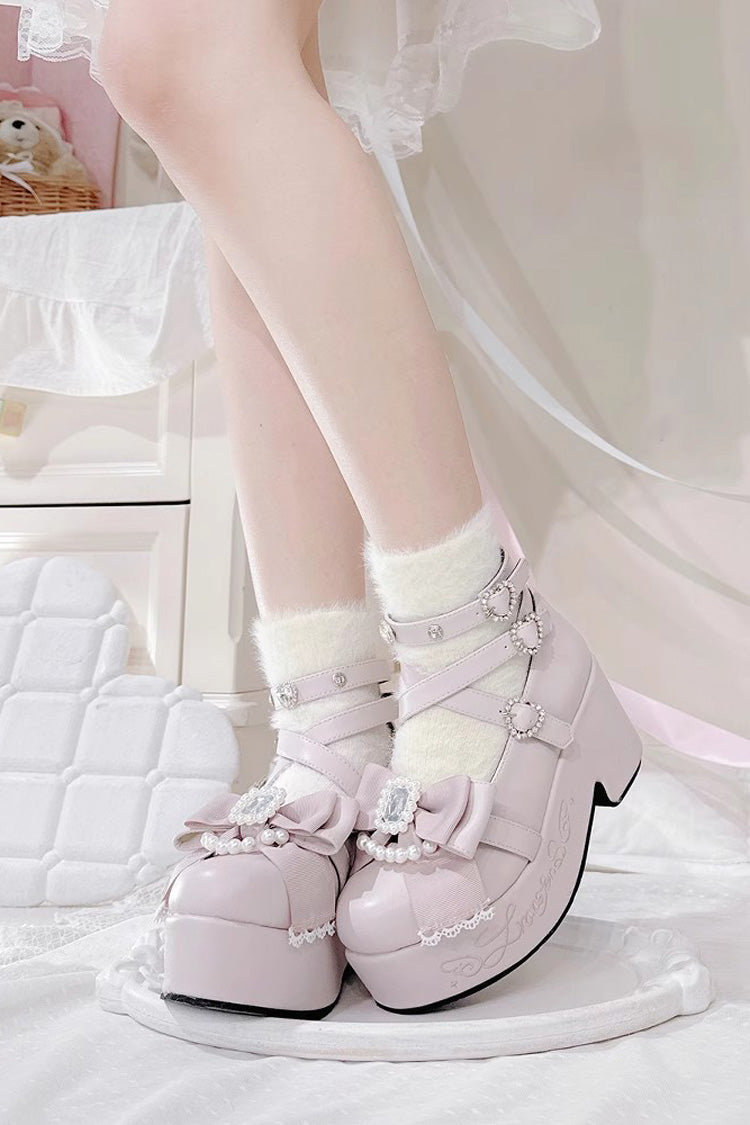 Declaration of First Love Embroidered Bow Sweet Jirai Kei Japanese Platform Shoes in Four Colors