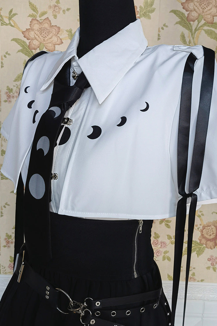 Monochrome Asymmetric Gothic Skirt and Blouse Set with Ruffled Short Sleeves