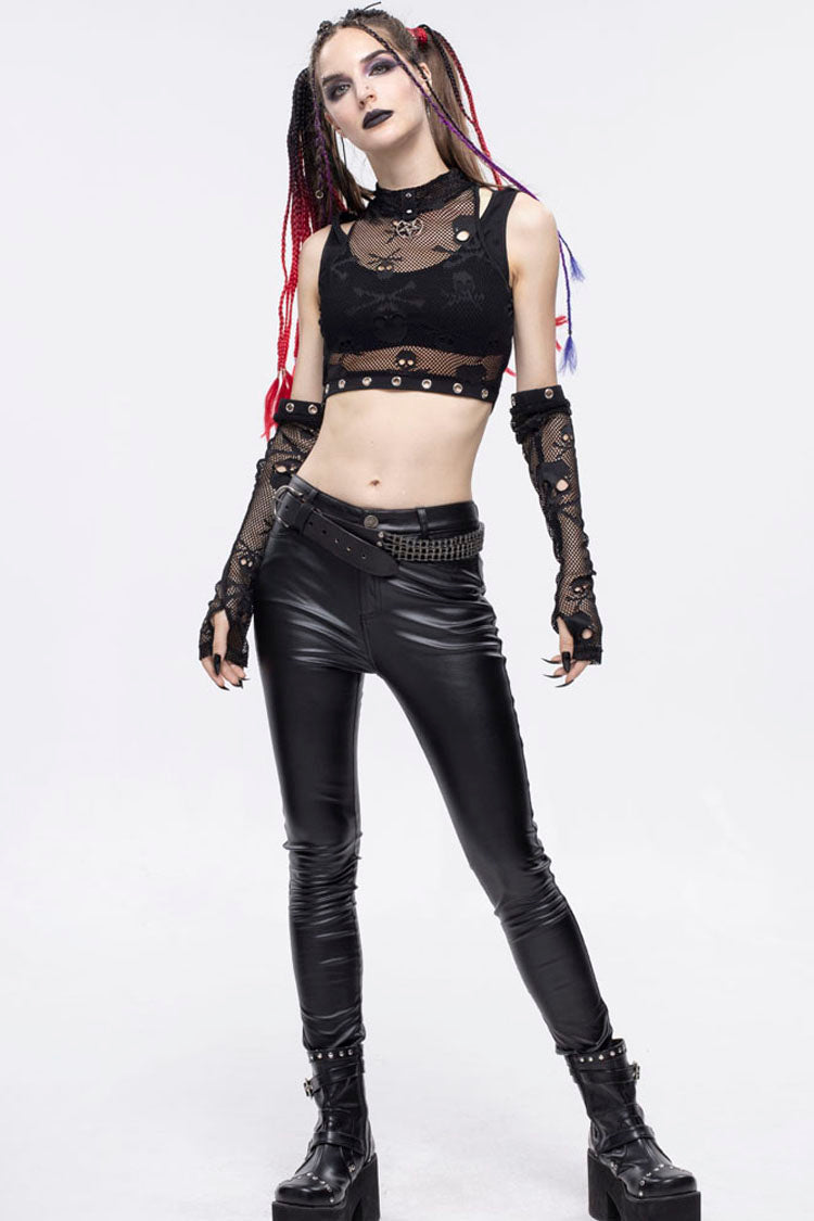 Gothic Cotton Knit Two-Piece Look High Collar Skull Mesh Mini Vest