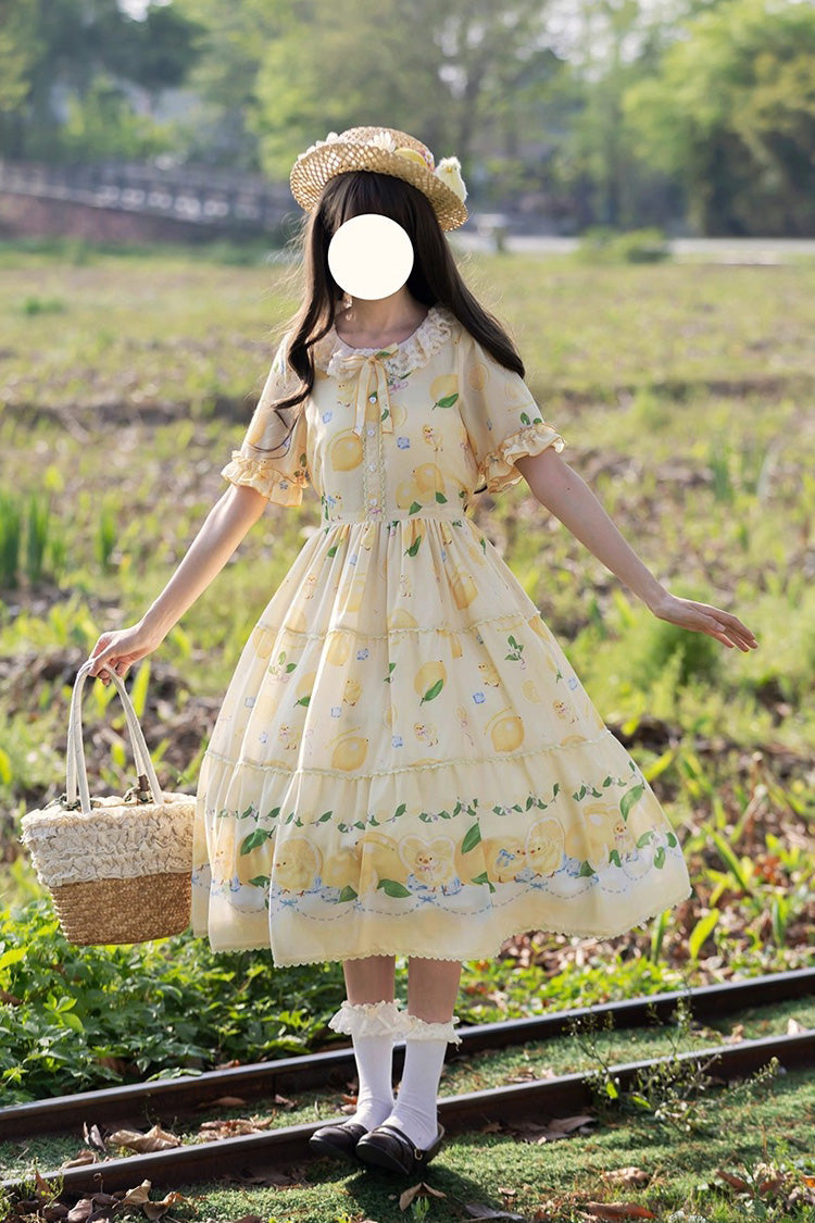 Lemon Chicken Print Short Sleeve Ruffled Bow Lace Daily Sweet Lolita Dress - Yellow
