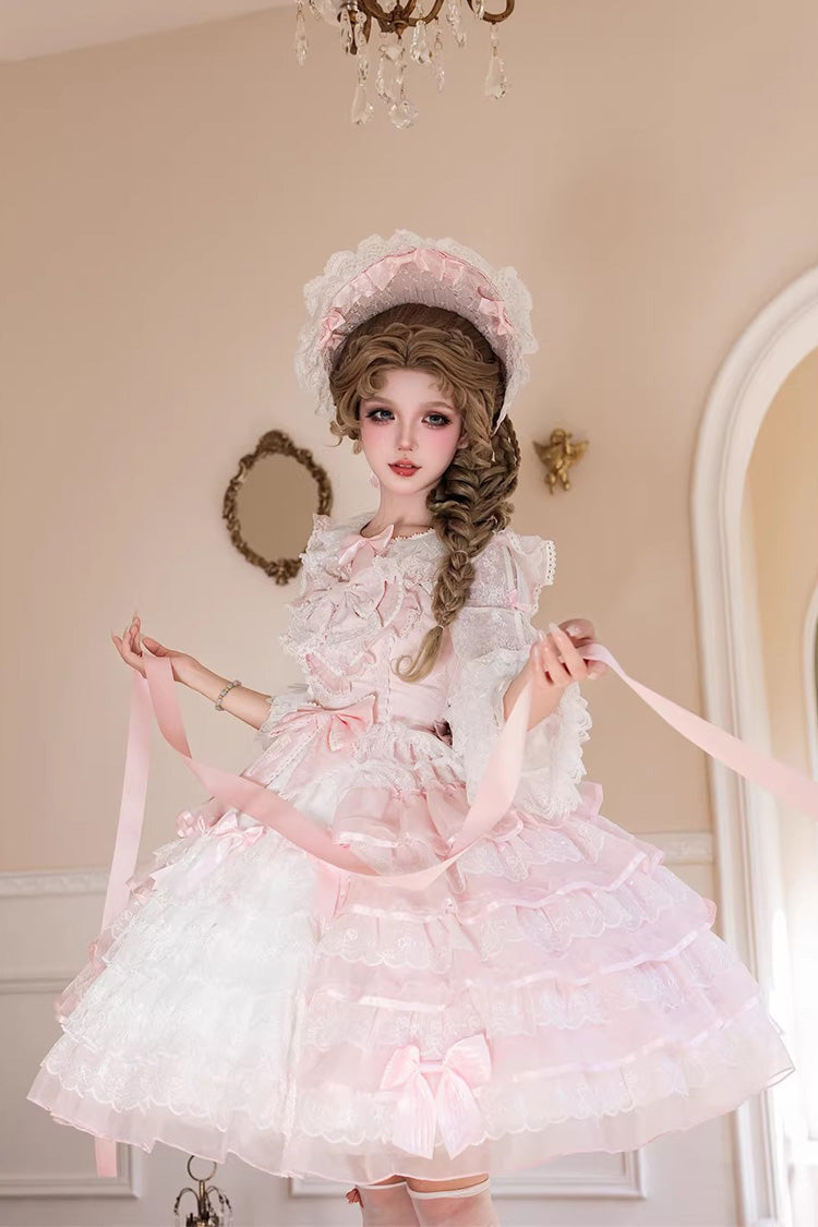 Pink Cherry Blossom Letter Sleeveless Multi-Layered Ruffled Embroidered Open-Front Bow Gorgeous Sweet Jsk Dress