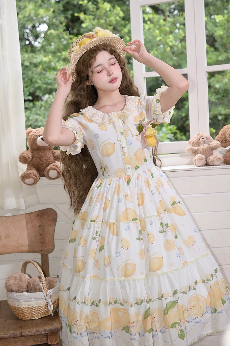 Print Ruffled Bow Lace Daily Sweet Lolita Dress - White Lemon Chicken