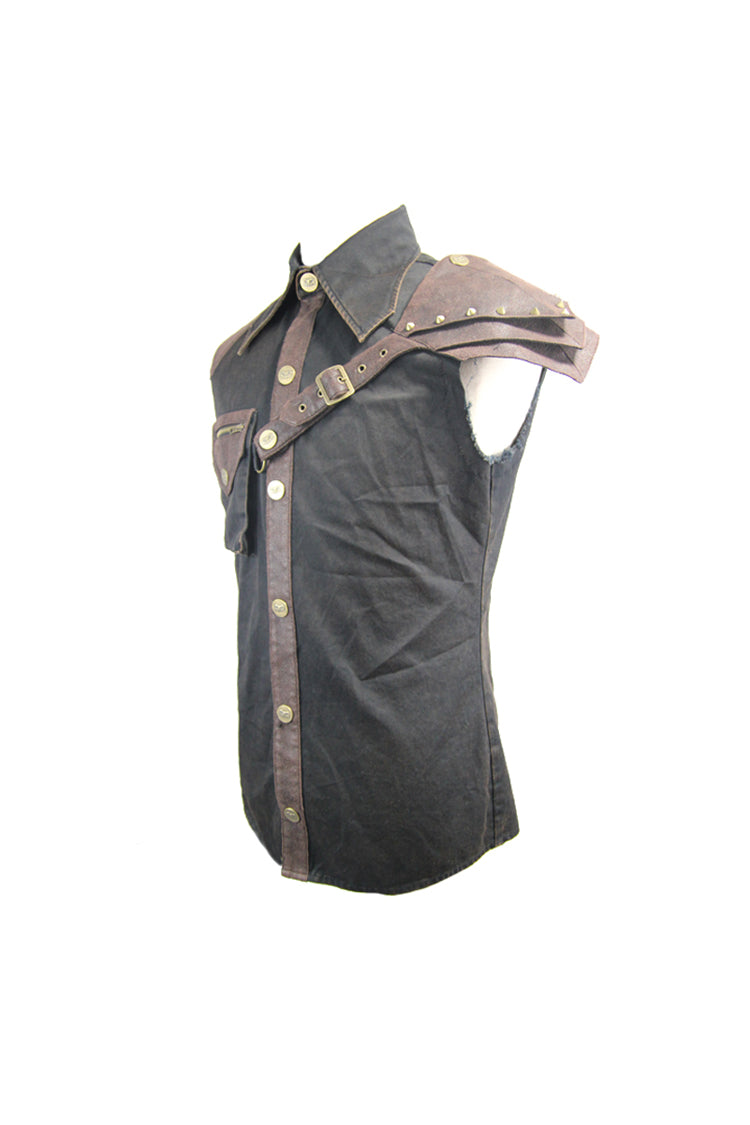 Sleeveless Punk Shirt with Armor Shoulder and Hasp