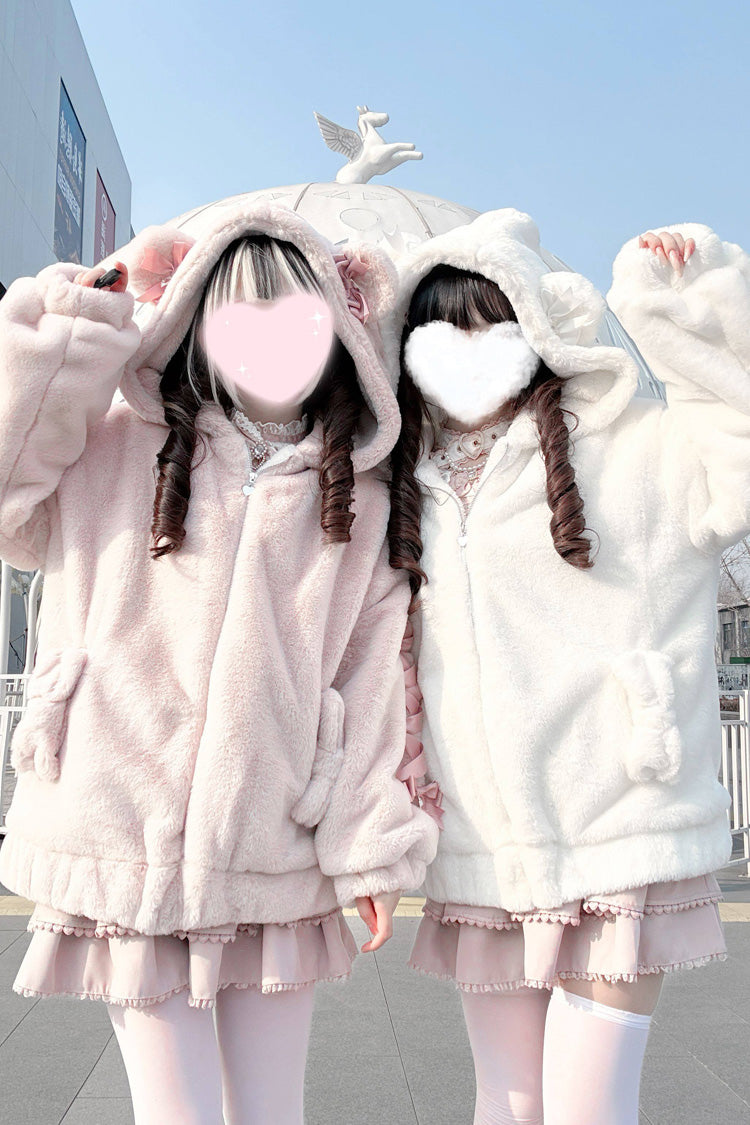 Bear Ears Long Sleeves Bow Lace-Up Hooded Zippered Sweet Jirai Kei Coat