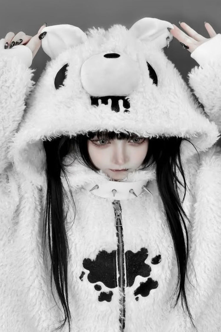 White Long Sleeve Bear Ear Hooded Zippered Gothic Jirai Kei Coat