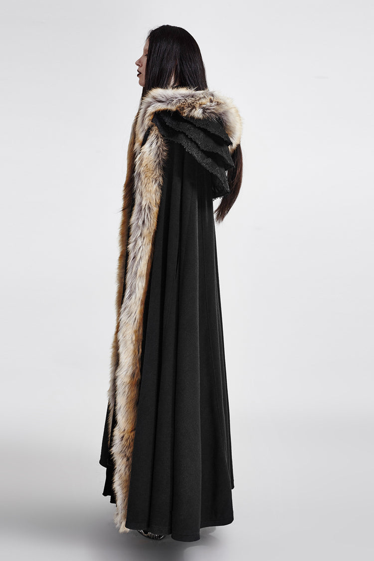 Women's Gothic Coat Cloak with Hooded Fur Collar Wool Long Design