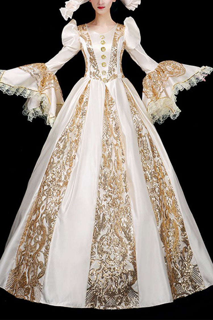 Golden Hollow Print Victorian Gown - Trumpet Long Sleeves