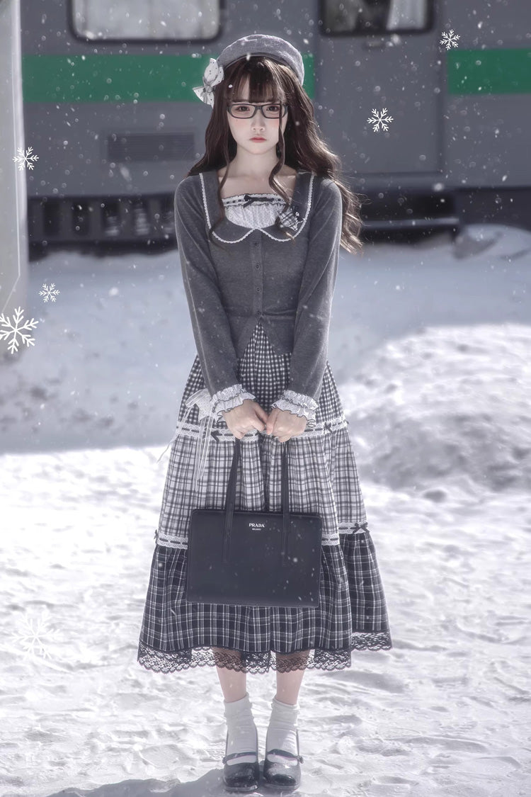 Sweet Lolita Skirt Set with Square Collar, Cut-Out Lace, Star Print, Grey
