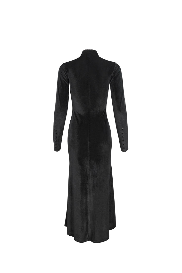 High Collar Paisley Lace Mesh Dress with Asymmetric Hem - Black Gothic