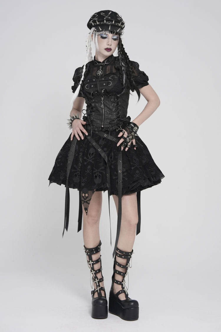 Gothic Swallow-Tail Vest for Her with Slim Zip & Lace-Up Bow