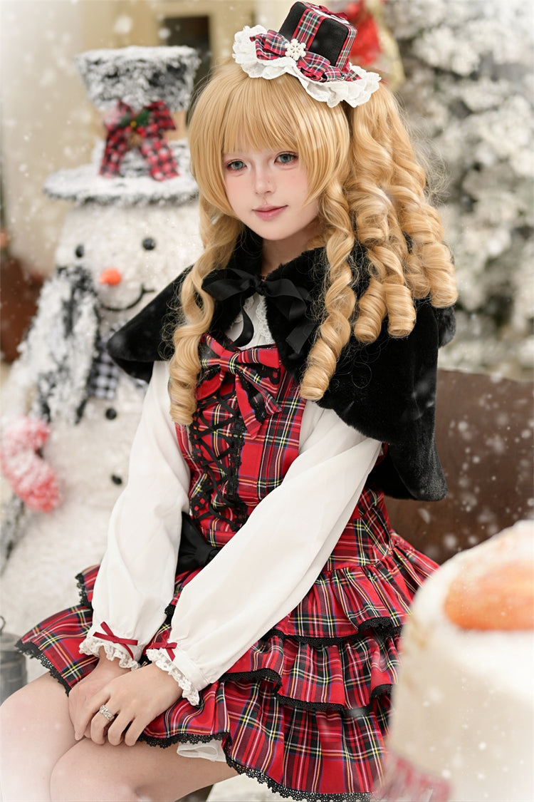 Red Velvet Cake Triple-Layered Printed Ruffled Bow Lace-Up Gothic Elegant Jsk Dress