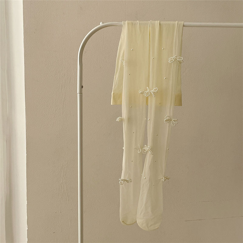 Sweet Pearl Bow Knot Decor Silk Stockings