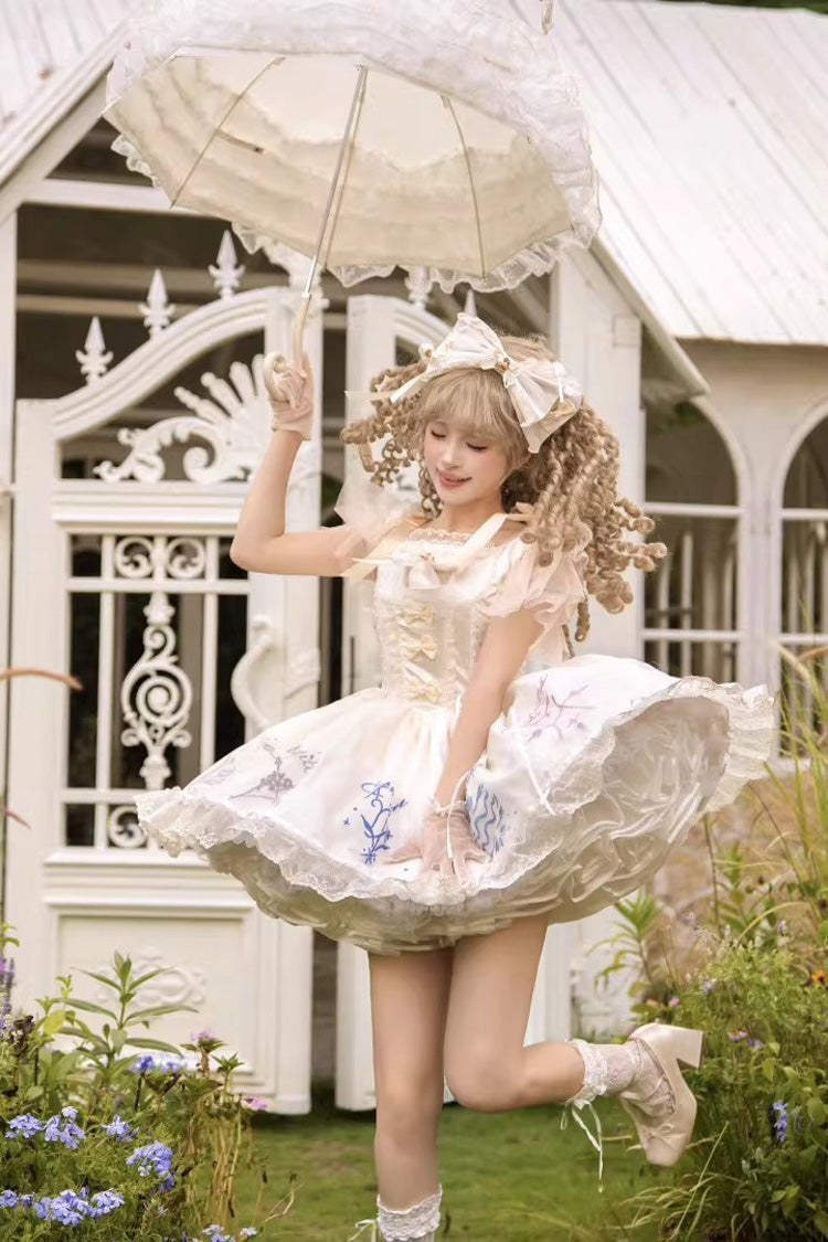 Sleeveless Printed Ruffled Embroidered Bow Sweet Lolita Jsk Dress - The Twelve Zodiac Signs