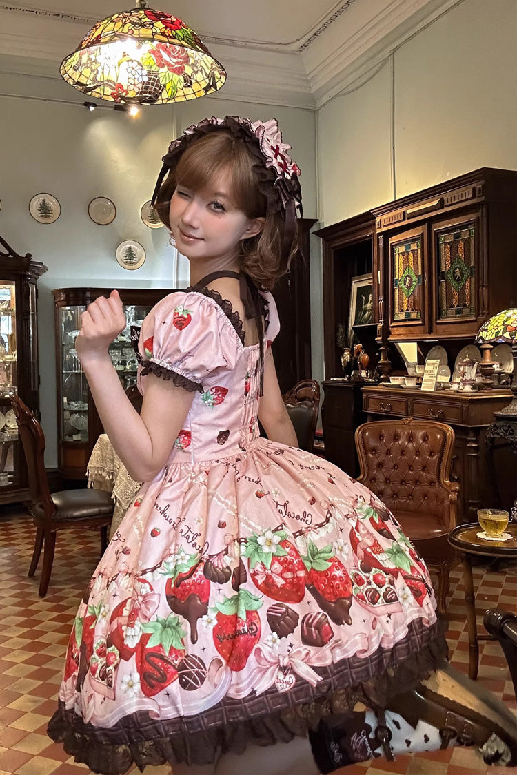 Square Collar Short Sleeves Printed Ruffled Bow Lace Sweet Lolita Dress - Strawberry Chocolate Lover