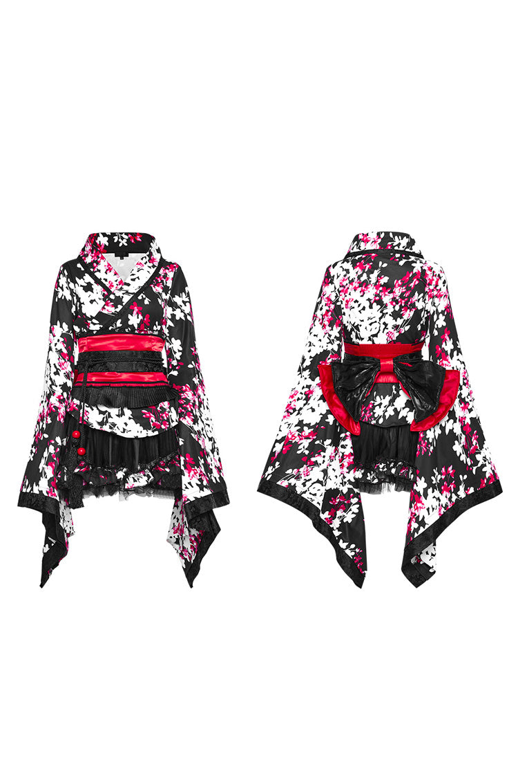 Multicolor Long Sleeves Floral Print Ruffle Gothic Dress with Skirt