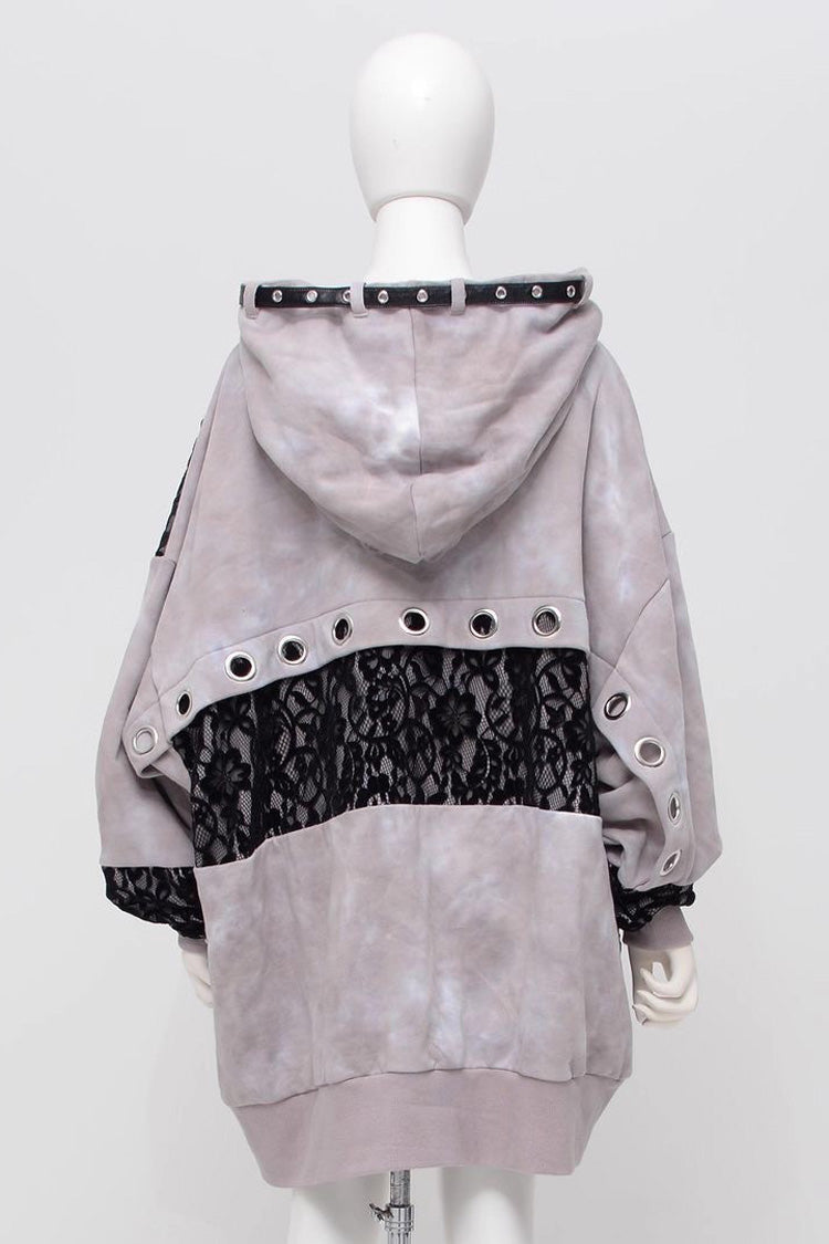 Color Blocked Tie-Dye Hooded Zip Coat with Print