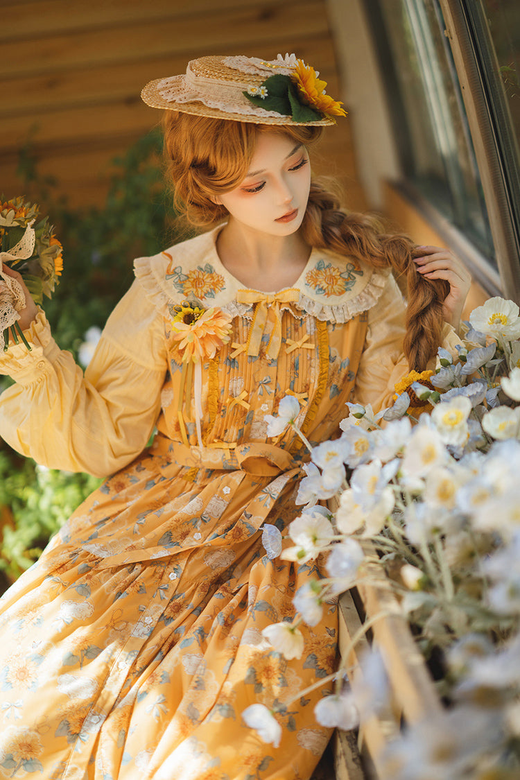 Green Sunflower Sleeveless Floral Bow Elegant Jsk Dress