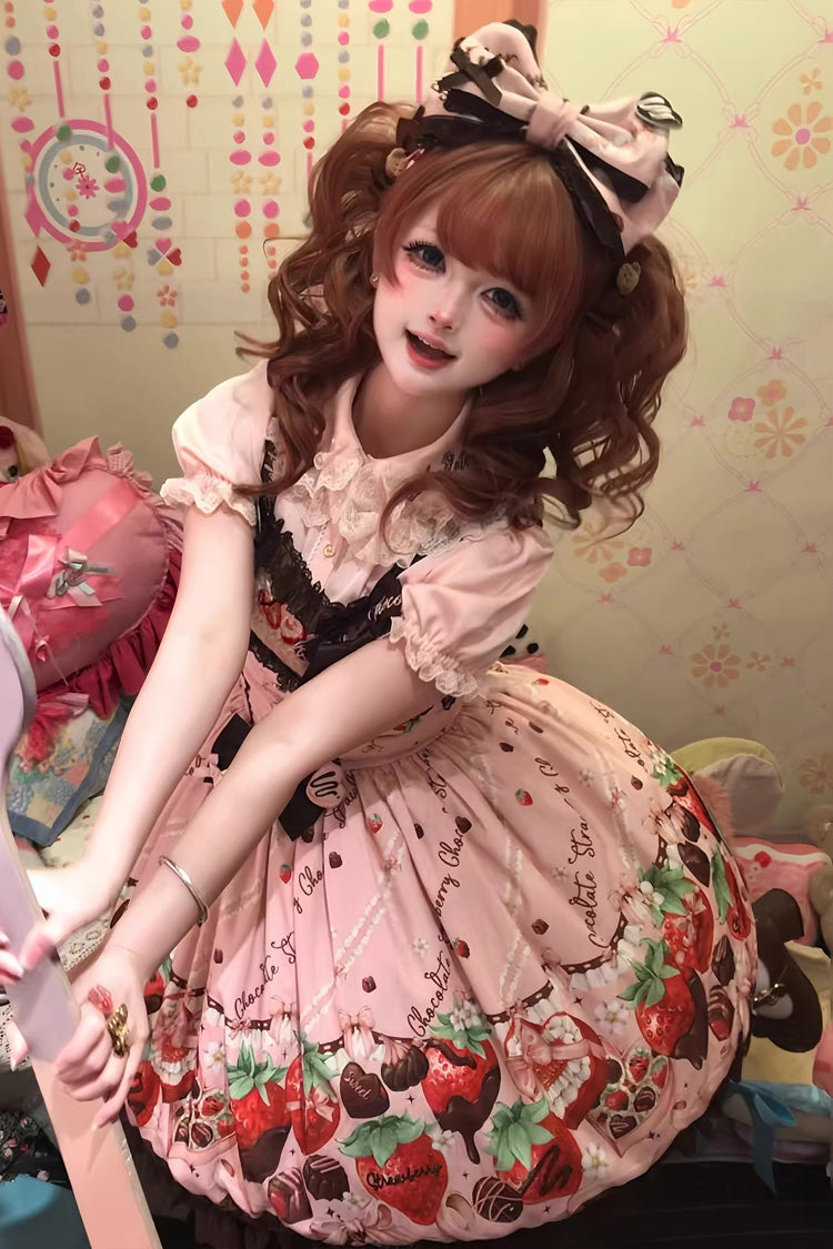 Blush Sleeveless Embroidered Bow Lace Lolita JSK - Strawberry Chocolate Lover