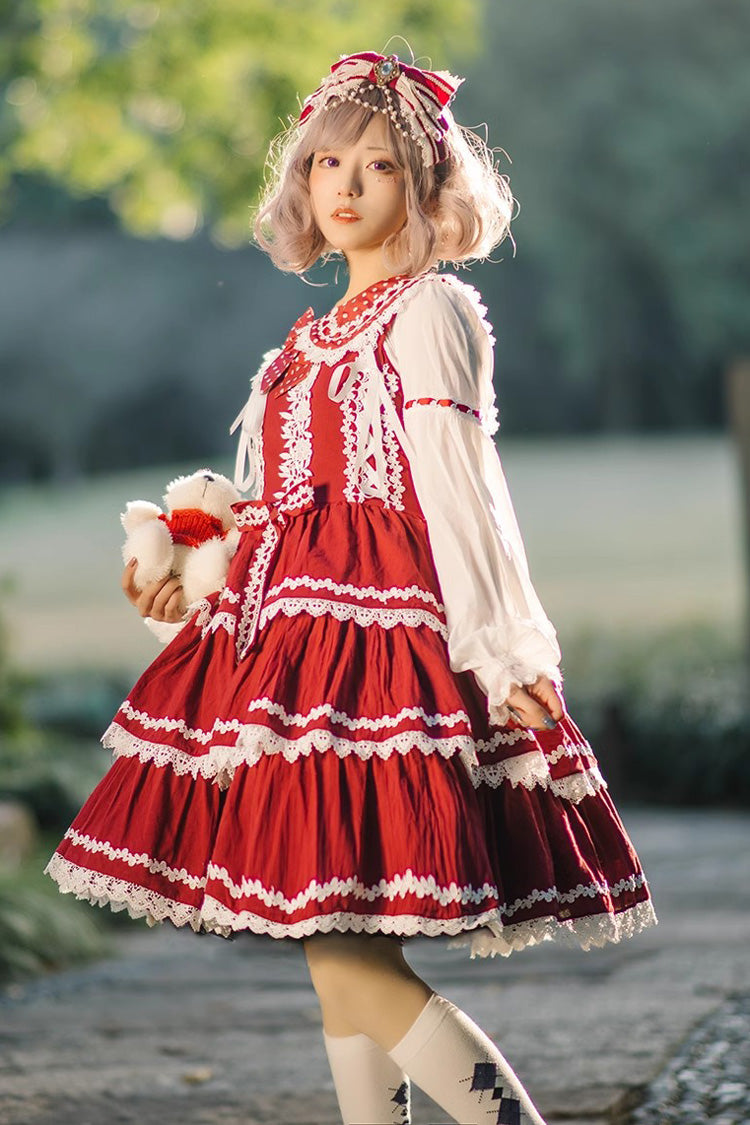 Red and White Three-Tiered Sweet Lolita Dress with Ribbon and Sleeveless