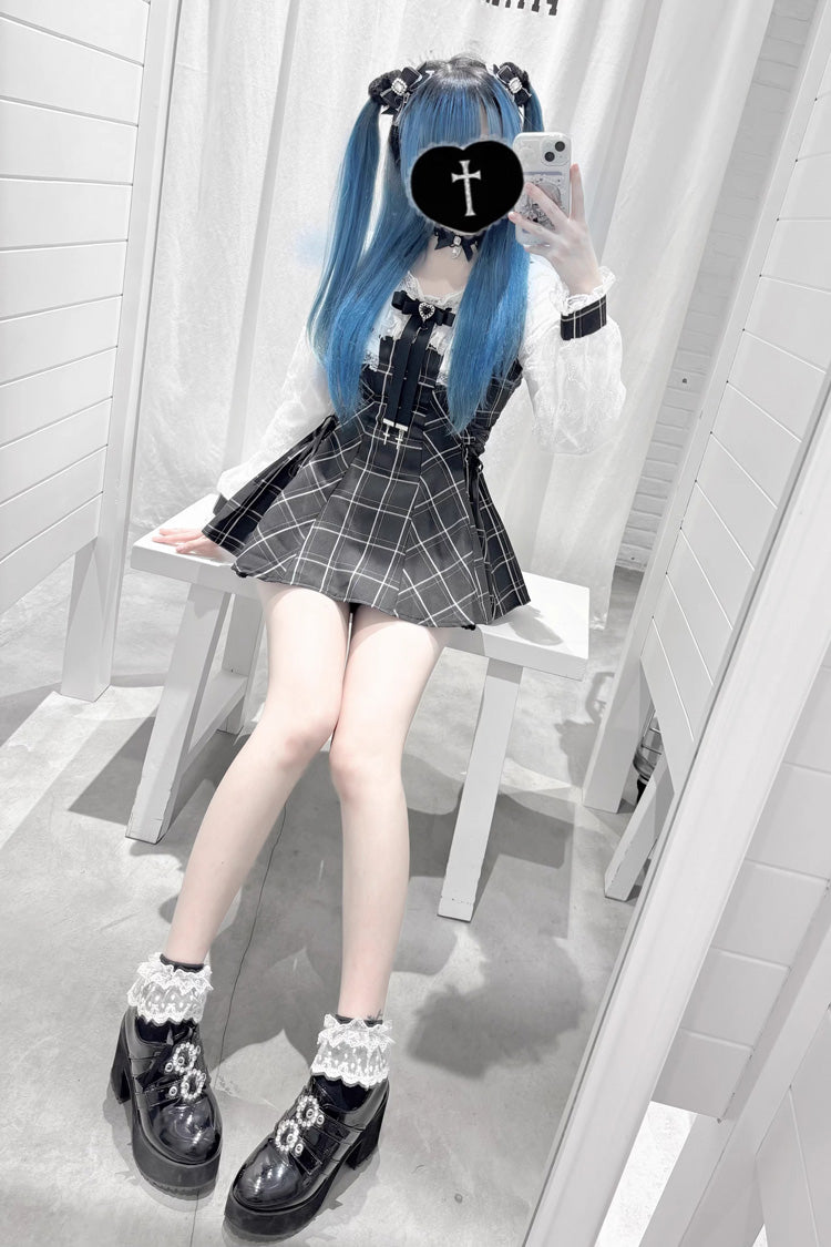 Square Collar Long Sleeves Printed Bow Lace Pearl-Decorated Gothic Japanese Dress Shorts