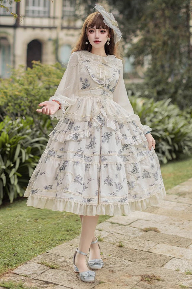 Rose Print Sweet JSK Dress with Puff Sleeves - Lolita