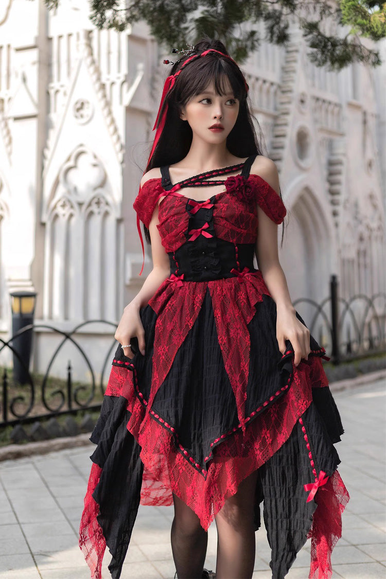 Crimson Noir Sleeveless High-Waist Patterned Asymmetrical Gothic Corset Dress