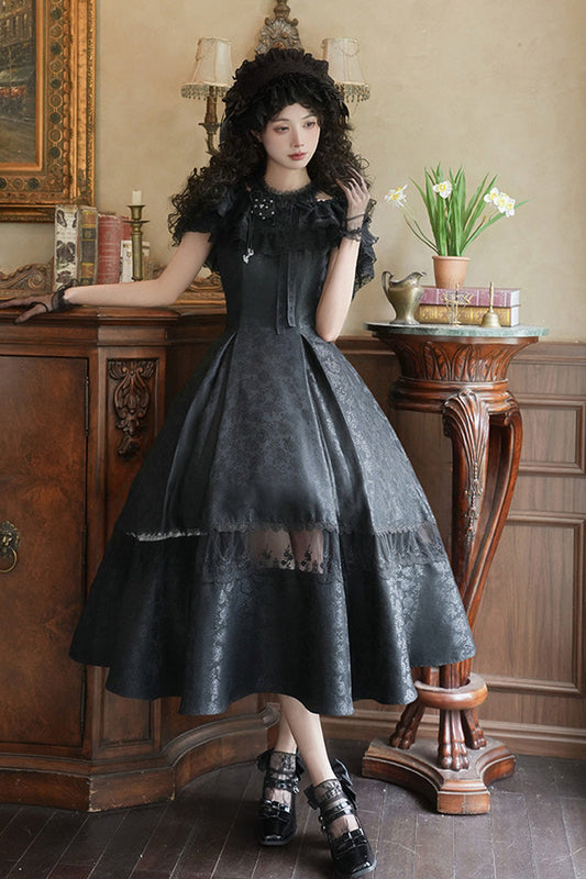 Onyx Off Shoulder Halterneck Printed Ruffle Gothic Elegant Dress - Flowers in the Mist