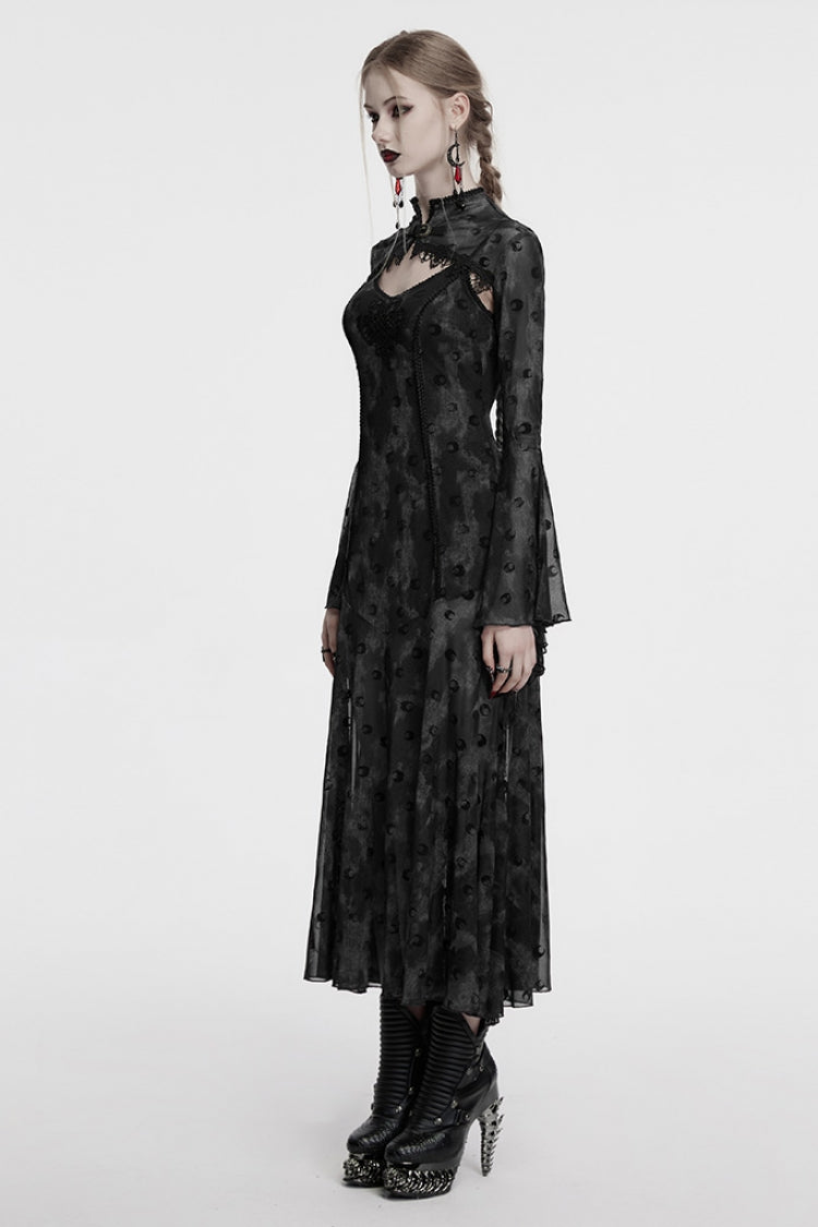 Grey Print Mesh Gothic Slip Dress with Cape