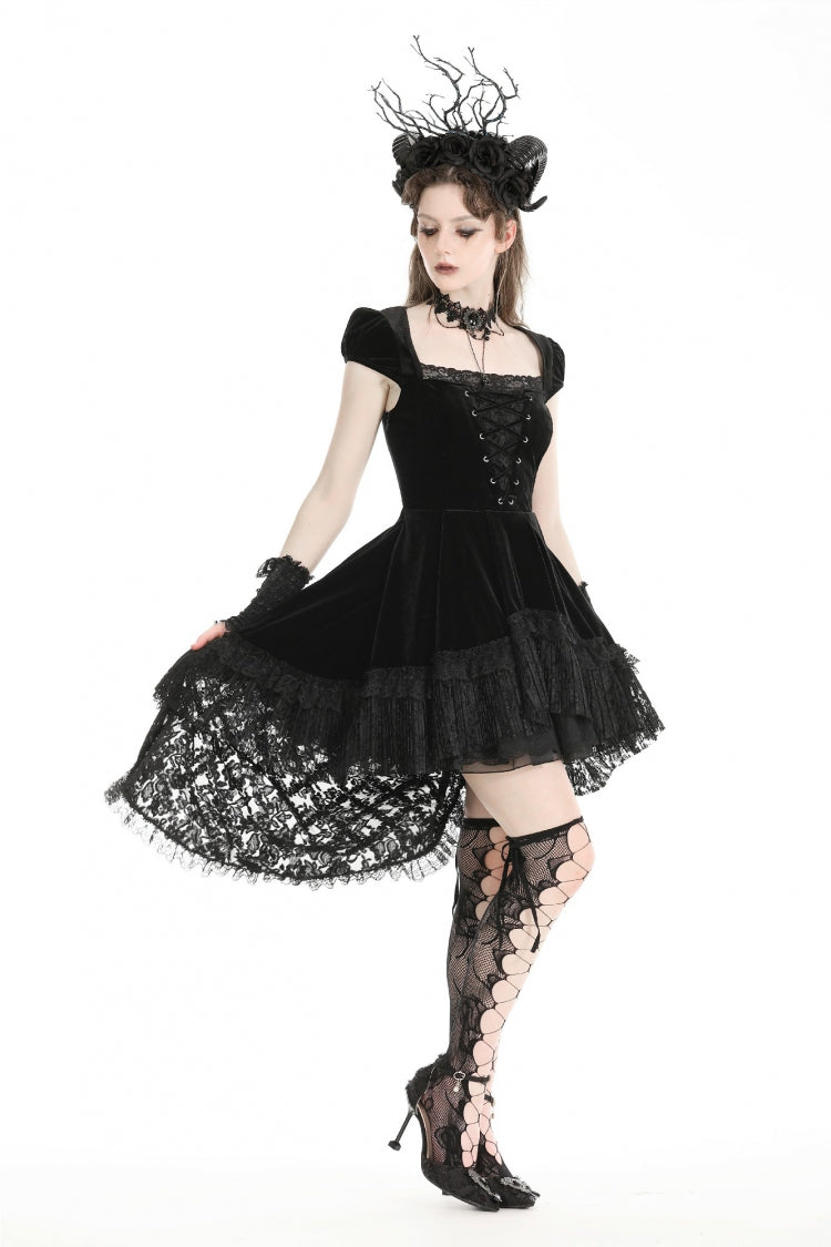 Noir Gothic Velvet Gown with Lace-Up and Square Neckline