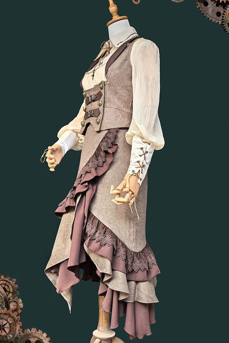 The Traveler Asymmetric Punk Lolita Skirt Set in Coffee Brown