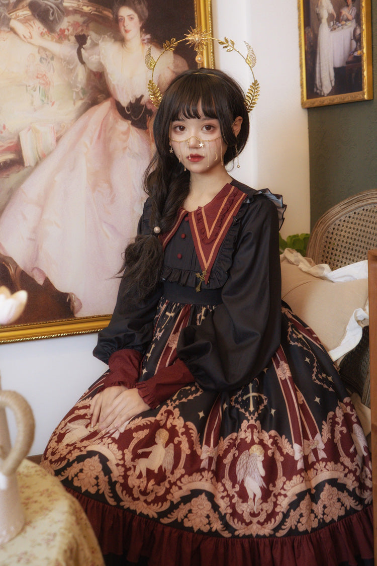 Angel Print Long Sleeve Sweet Lolita Dress with Bow and Ruffles