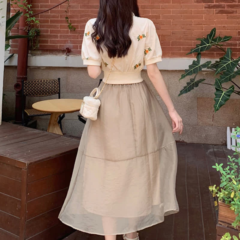 Floral Embroidery Lapel Pocket T-Shirt Long Skirt