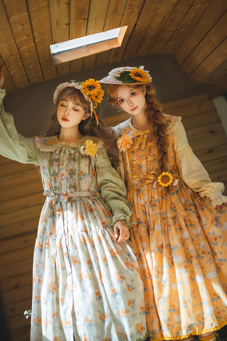 Yellow Sunflower Sleeveless Floral Bow Elegant Jsk Dress