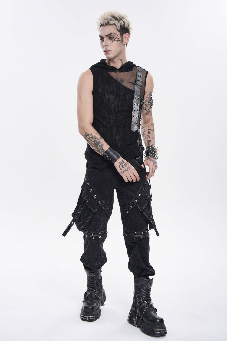 Men's Punk Hooded Vest with Sheer Asymmetric Chain-Decorated Design