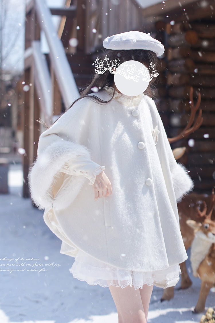 Ivory Lace Sweet Japanese Fluffy Cape Coat