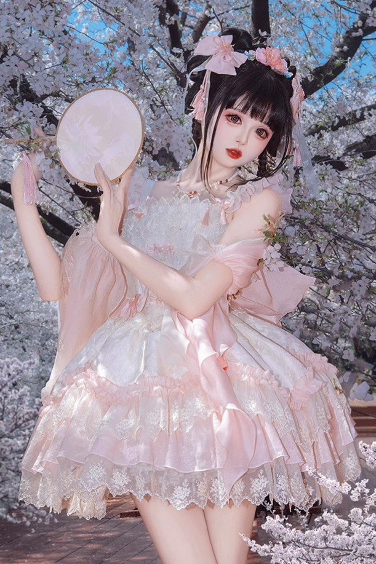 Blush Ruffle Embroidered Bow Chinese Style Elegant Sweet Jumper Dress - Lyrics in the Midst of Flowers