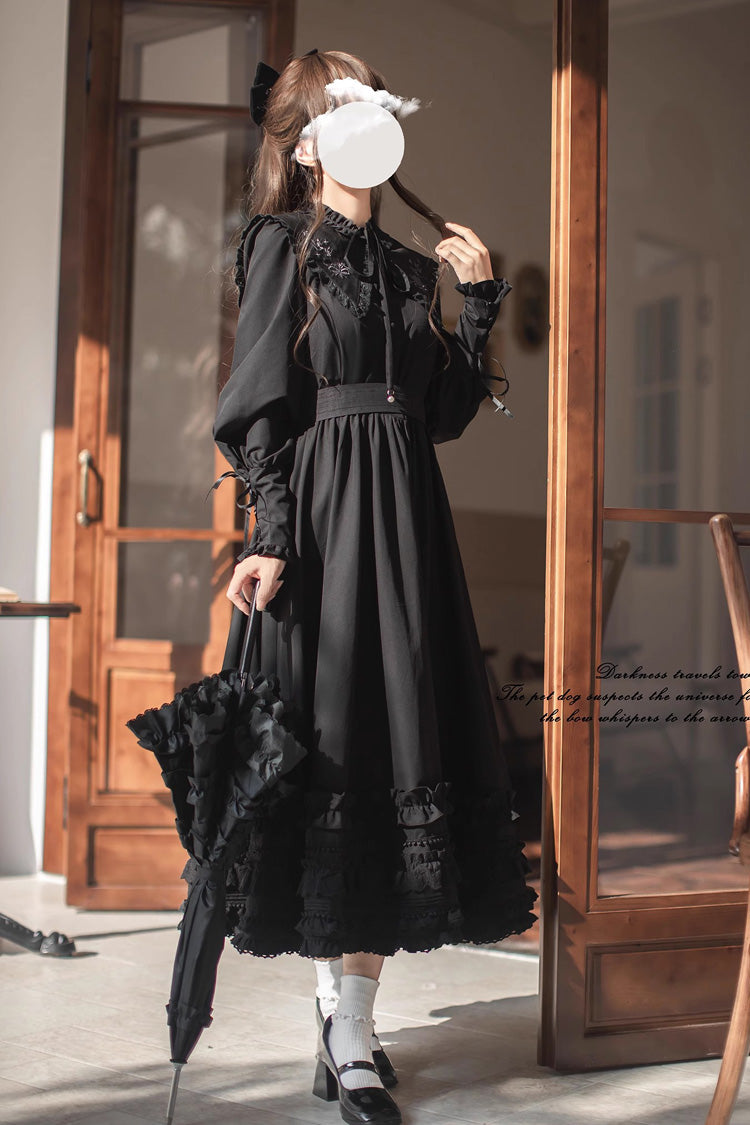 Noir Long Sleeve Ruffle Embroidered Bow Vintage Elegant Dress - Wind Kissed Tulips